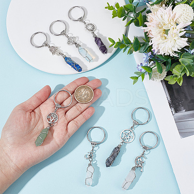 7Pcs 7 Styles Bullet Gemstone Wire Wrapped Keychain KEYC-NB0001-49-1