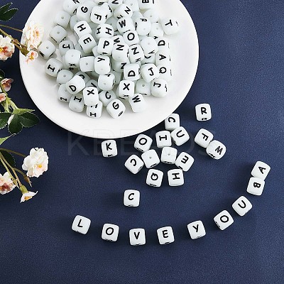 20Pcs Luminous Cube Letter Silicone Beads 12x12x12mm Square Dice Alphabet Beads with 2mm Hole Spacer Loose Letter Beads for Bracelet Necklace Jewelry Making JX437C-1