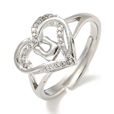 Heart with Letter Rack Plating Brass Micro Pave Clear Cubic Zirconia Adjustable Rings for Women RJEW-I105-01P-U-1