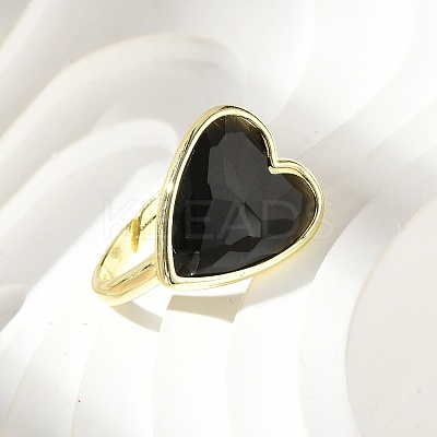 Heart Brass Natural Obsidian Finger Rings RJEW-D304-01G-G-1