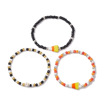 3Pcs 3 Styles Halloween Skull & Candy Corn Acrylic and Synthetic Magnesite Bracelet Sets BJEW-JB10525-1