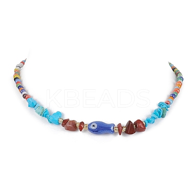 Natural Red Jasper & Howlite Chips & Porcelain Fish Beaded Necklace with Alloy Clasps NJEW-JN04367-1