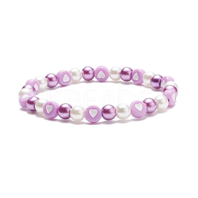 Acrylic Heart & Glass Pearl Beaded Stretch Bracelet for Women BJEW-JB08393-1