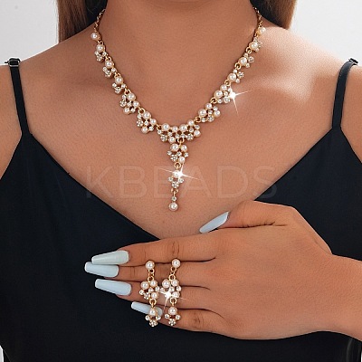 Alloy Rhinestone & Imitation Pearl Necklace and Earrings Sets for Women WG9335D-02-1