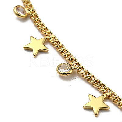 Brass Star & Glass Flat Round Charm Bracelets with Curb Chains NJEW-R263-25G-1