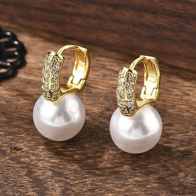 Plastic Pearl Dangle Hoop Earrings with Clear Cubic Zirconia EJEW-A070-08G-1
