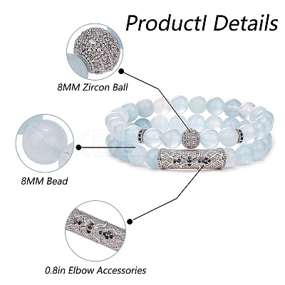 2Pcs 2 Style Natural Aquamarine Stretch Bracelets Set BJEW-SW00094-1