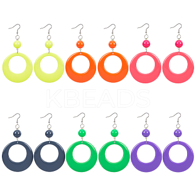 6 Pairs 6 Colors Donut Resin Dangle Earrings with Iron Pins for Women EJEW-AN0004-14-1