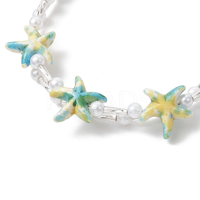 Starfish Synthetic Turquoise & Imitated Pearl Acrylic & Glass Twisted Bugle Beaded Bracelets for Women BJEW-JB11850-1