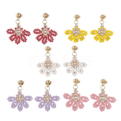 Glass Seed Braided Flower Dangle Stud Earrings EJEW-MZ00048-1