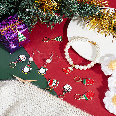Alloy Enamel Tree & Gifts Box & Penguin & Snowman & Stocking & Glove Pendant Locking Stitch Markers HJEW-AB00066-1