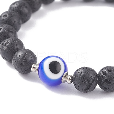 Natural Lava Rock Round Beaded Stretch Bracelet with Evil Eye Lampwork BJEW-JB07838-1