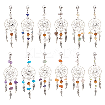 24Pcs 12 Colors Woven Net/Web with Wing Tibetan Style Alloy Pendant Decorations HJEW-AB00238-1