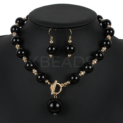 ABS Plastic Imitation Pearl Round Beaded Pendant Necklaces & Dangle Earrings Sets for Women WGD1C77-01-1