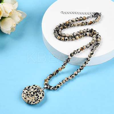 Natural Dalmatian Jasper 4.5mm Round Beaded Flower Pendant Necklaces NJEW-T016-04H-1