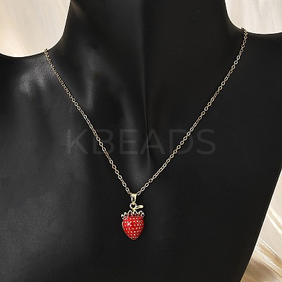 Brass Micro Pave Cubic Zirconia Strawberry Pendant Neckalces for Women NJEW-S448-01G-1