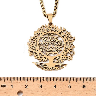 201 Stainless Steel Hollow Tree of Life Pendant Box Chain Necklaces NJEW-M086-04G-1
