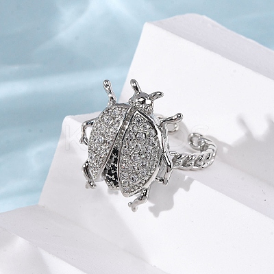 Brass Micro Pave Cubic Zirconia Adjustable Open Cuff Rings for Women RJEW-A072-01B-P-1