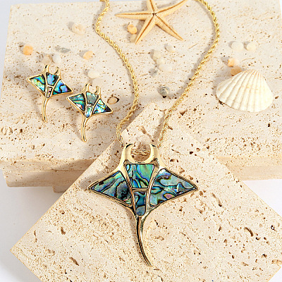 Manta Ray Alloy Abalone Shell Pendant Necklaces & Stud Earrings Sets for Women FS-WGFBE97-01-1