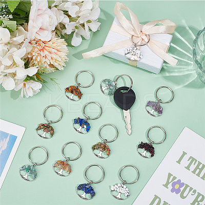 32 Pcs 8 Colors Natural Gemstone Tree of Life Keychains KEYC-PH01571-1
