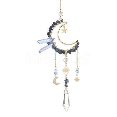 Natural Lapis Lazuli Chips & Brass Moon Pendant Decorations HJEW-TA00066-03-1