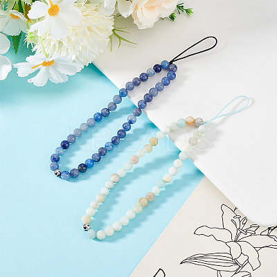 2Pcs 2 Styles Natural Blue Aventurine & Flower Amazonite Beaded Mobile Phone Lanyard Wrist Strap AJEW-AN0007-48-1