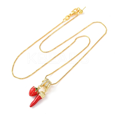 Brass Micro Pave Clear Cubic Zirconia with Enamel Red Pendant Necklaces NJEW-D348-04A-G-1