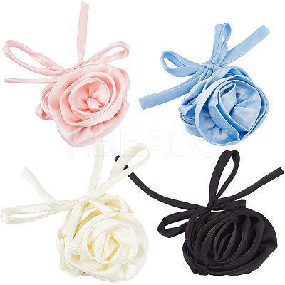 4Pcs 4 Colors 3D Rose Satin Fabric Wrap Choker Necklaces for Women NJEW-CY0001-02-1