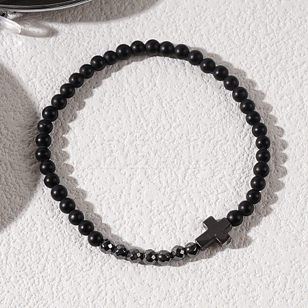 Synthetic Non-magnetic Hematite Cross & Black Stone Round Beaded Stretch Bracelets for Men ZI4844-1