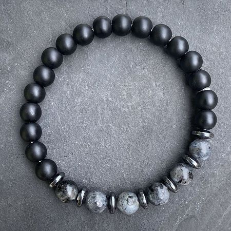 Natural Labradorite & Matte Black Obsidian Round Beads Stretch Bracelets for Men Women UT1293-4-1