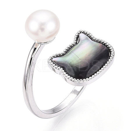 Natural Pearl Finger Open Cuff  Ring with Black Shell PEAR-N022-C01-1