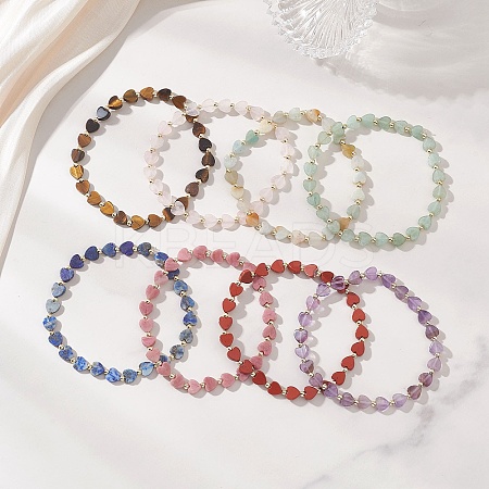 Heart Natural Gemstone & Stainless Steel Beads Stretch Bracelets for Women BJEW-JB13347-1