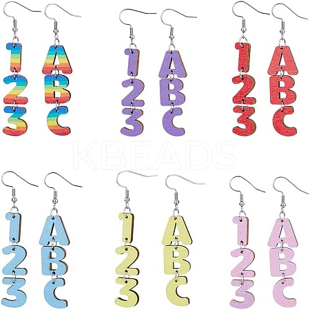 6 Sets 6 Colors Wood Dangle Earrings with Iron Pins EJEW-FI0003-27-1