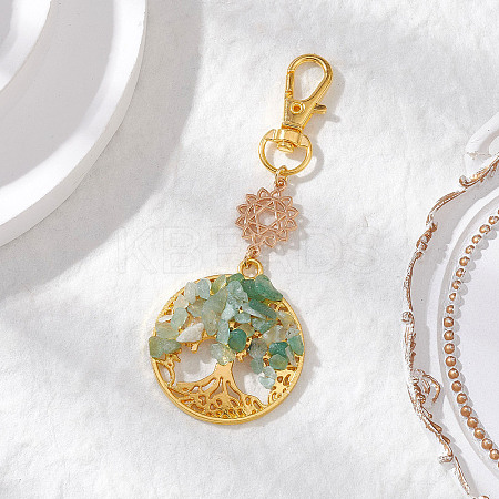Natural Green Aventurine Chips Beads & Alloy Tree of Life Pendant Decorations HJEW-JM03129-04-1
