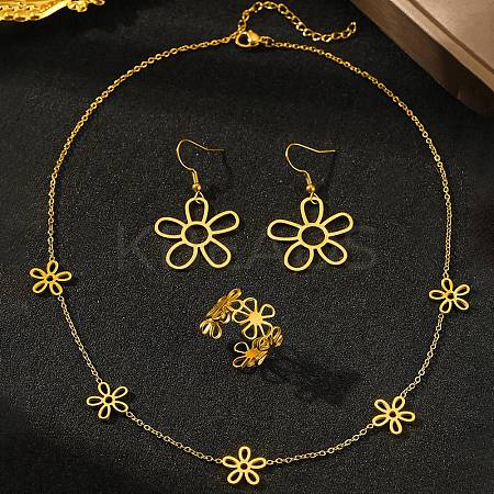 Hollow Flower 304 Stainless Steel Necklace & Dangle Earring & Cuff Ring Sets SJEW-F225-03G-1