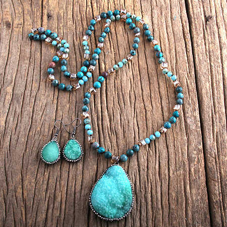 Teardrop Bohemian Style Glass with Natural Apatite Pendant Necklace & Dangle Earrings Sets FS-WG0DE9F-01-1