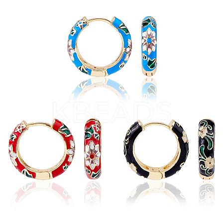 FIBLOOM 3 Pairs 3 Colors Brass Flower Pattern Hoop Earrings EJEW-FI0003-07-1