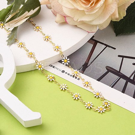 Brass Enamel Daisy Link Chain Necklaces NJEW-JN03173-1