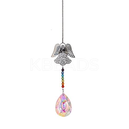 Glass Teardrop Sun Catcher Hanging Prism Ornaments with Iron Angel HJEW-PW0002-14C-1