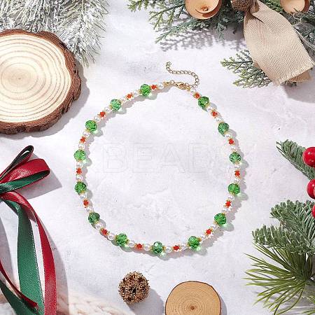 Christmas Theme Faceted Rondelle Glass & White Round ABS Plastic Imitation Pearl Beaded Necklaces for Women NJEW-JN05464-02-1