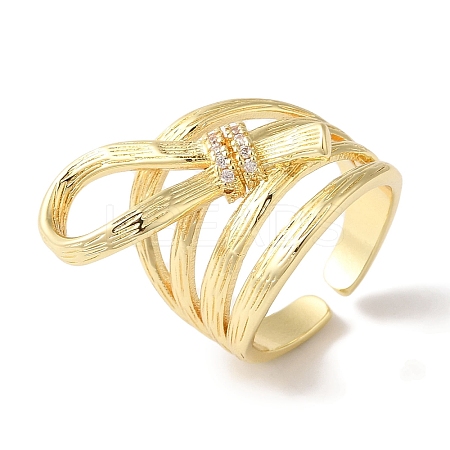 Bowknot Brass Micro Pave Clear Cubic Zirconia Wide Open Cuff Rings for Women RJEW-C098-29G-1