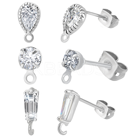 30Pcs 3 Style Teardrop & Trapezoid Shape Brass with Clear Cubic Zirconia Stud Earring Findings KK-BBC0013-56-1