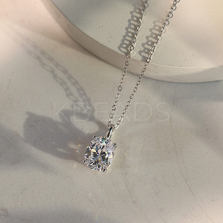 925 Sterling Silver Pave Clear Cubic Zirconia Oval Pendant Necklaces NJEW-G172-03P-1