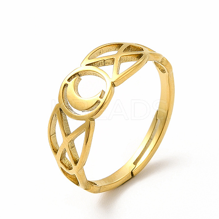 Ion Plating(IP) 304 Stainless Steel Crescent Moon Adjustable Ring for Women RJEW-B027-03G-1
