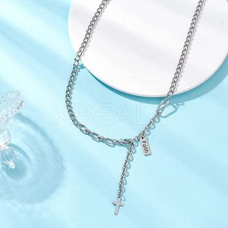 304 Stainless Steel Cross Tassel Pendant Chain Necklaces NJEW-JN05833-1