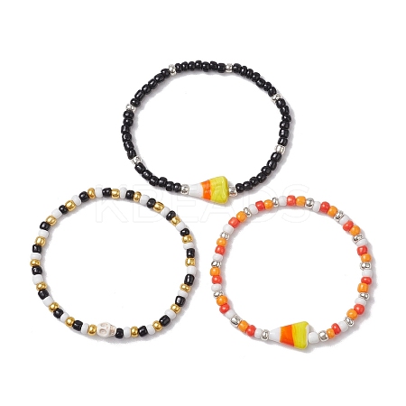 3Pcs 3 Styles Halloween Skull & Candy Corn Acrylic and Synthetic Magnesite Bracelet Sets BJEW-JB10525-1