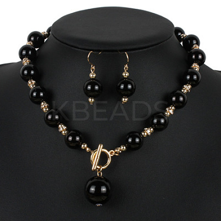 ABS Plastic Imitation Pearl Round Beaded Pendant Necklaces & Dangle Earrings Sets for Women WGD1C77-01-1