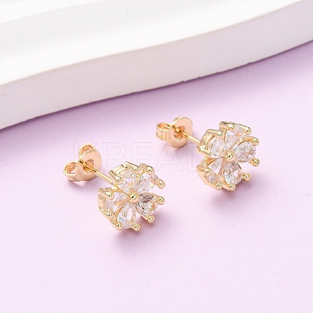 Brass Micro Pave Cubic Zirconia Flower Stud Earrings LS-EJEW-H174-01B-G-1