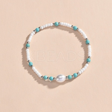 Bohemian Style Resin & Synthetic Turquoise & Rice Plastic Pearl Beaded Stretch Anklets for Women FS-WG314A7-01-1