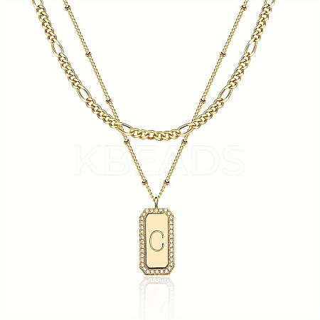 Brass Micro Pave Clear Cubic Zirconia Rectangle with Initial Pendant Double Layer Necklaces for Women FS-WG478B5-03-1